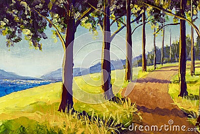 Painting sunny road among sun spring summer autumn forest park Cartoon Illustration