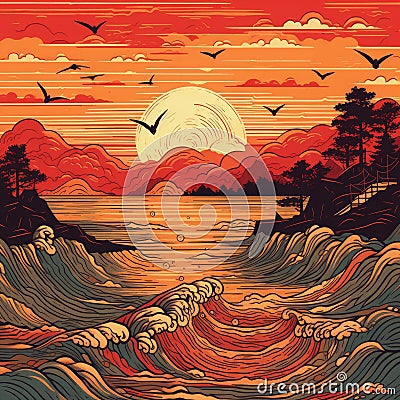 Painting Of Sunset Over Water: Digital Art Stock Photo