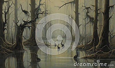 Painting of a surreal and eerie flooded forest Stock Photo