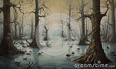 Painting of a surreal and eerie flooded forest Stock Photo