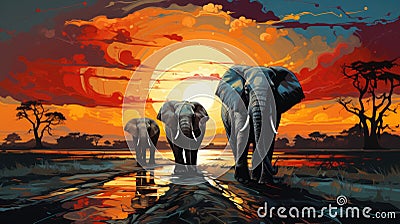 A painting of three elephants walking down a dirt road Stock Photo