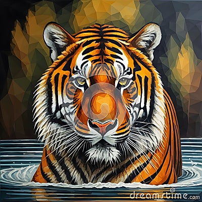 A painting of a tiger in a body of water. Beautiful picture of tiger. Stock Photo