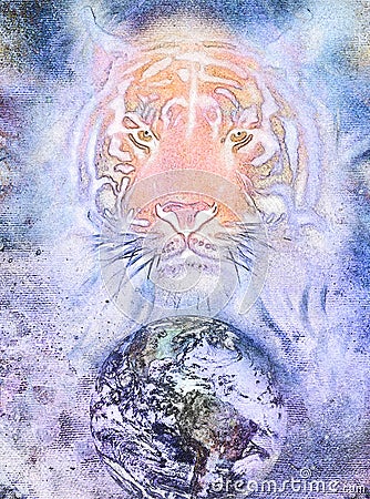 Painting tiger on color cosmic background.. Stock Photo