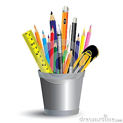 Painting tool in office on white background. Colored pencil, pen and ruler in office a full set. Vector Illustration