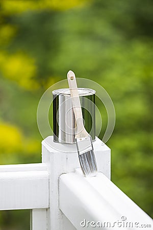 Painting Tools for Outdoor White Deck Railing Stock Photo