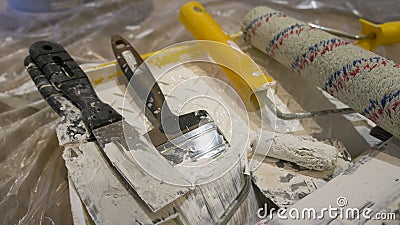 Painting tools, roller, brush and spatulas Stock Photo