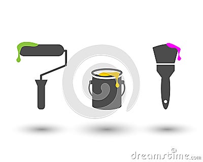 Painting tools set with roller, bucket and brush Vector Illustration