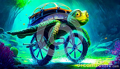 Painting of turtle riding bike with cart on it's back. Generative AI Stock Photo