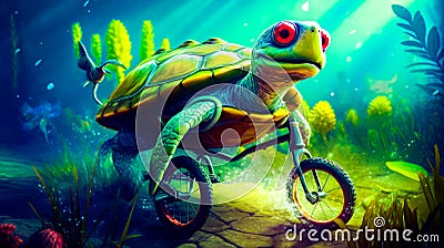 Painting of turtle riding bike on path in the ocean. Generative AI Stock Photo