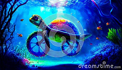 Painting of turtle riding bike under the ocean water with bubbles. Generative AI Stock Photo