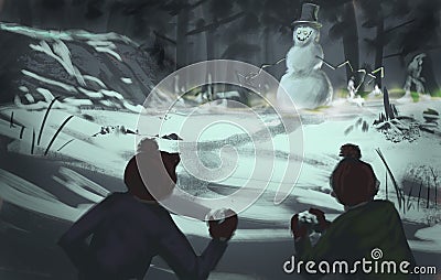 Two kids in winter clothes throwing snowballs at a dangerous evil snowman creature - digital fantasy illustration Cartoon Illustration