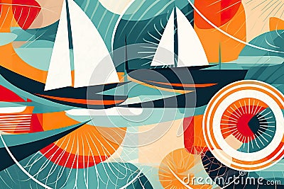 A painting of two sailboats floating in the ocean. Generative AI image. Stock Photo