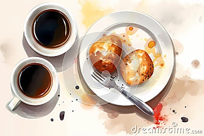 A painting of two small muffins on a plate with two coffee cups. AI generation Stock Photo