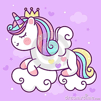 Painting Unicorn flat princess Pegasus sleep pony cartoon on cloud animal habitat fairy kawaii illustration Vector Illustration