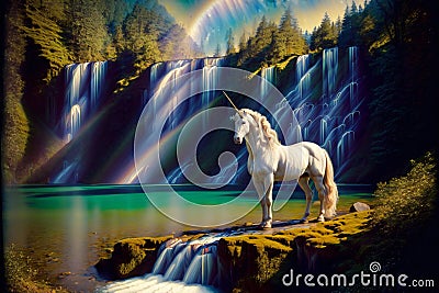 A Painting Of A Unicorn Standing In Front Of A Waterfall. Generative AI Stock Photo