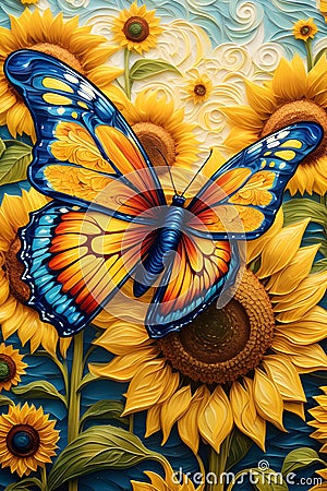 Painting of a vibrant butterfly fluttering amidst a field of serene sunflower, dynamism, life, Van Gogh's style, design, art Stock Photo