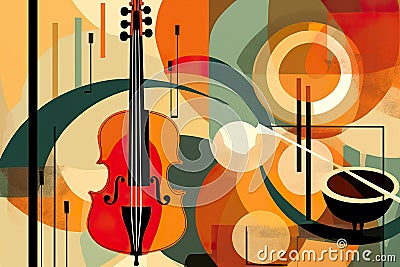 A painting of a violin and a cup of coffee. Generative AI image. Stock Photo