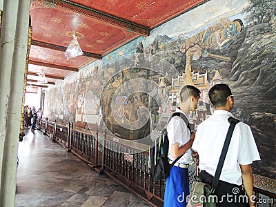 The painting on the wall ramayana story at the Emerald Buddha Wat Phra Kaew in Bangkok. Editorial Stock Photo