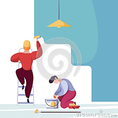 Painting wall. Service handyman workers home repair builders garish vector background Cartoon Illustration