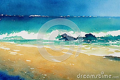 Watercolor of a Blue water beach shore line Stock Photo