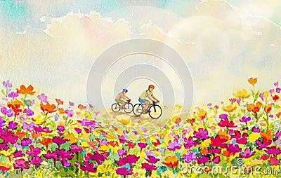 Painting watercolor of daisy flowers,and girls, man,cycling. Cartoon Illustration