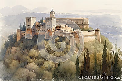 Painting of a watercolor drawing of the Alhambra in Granada. Stock Photo