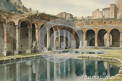 Painting from a watercolor drawing of the baths of caracalla in rome. Stock Photo