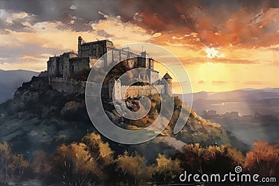 Painting of a watercolor drawing of the Castillo de Javier in Navarra at sunset. Stock Photo