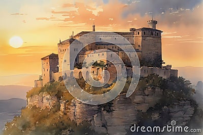 Painting of a watercolor drawing of the Castillo de Javier in Navarra at sunset. Stock Photo