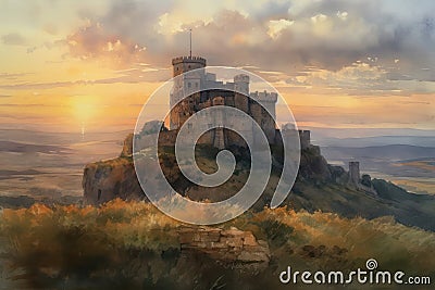 Painting of a watercolor drawing of the Castillo de Javier in Navarra at sunset. Stock Photo