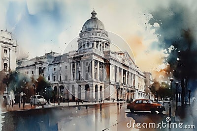 Painting of a watercolor drawing of the National Capitol of Cuba. Stock Photo