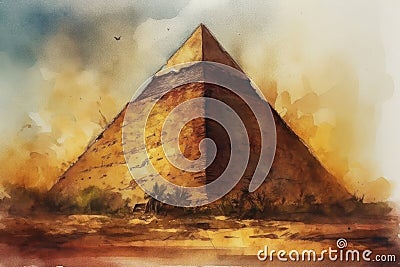 Painting of a watercolor drawing of Pyramid of Cheops. Stock Photo