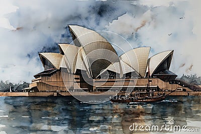 Painting from a watercolor drawing of Sydney Opera House. Editorial Stock Photo
