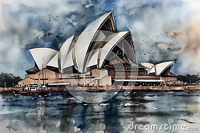 Painting from a watercolor drawing of Sydney Opera House. Editorial Stock Photo