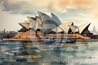Painting from a watercolor drawing of Sydney Opera House. Editorial Stock Photo