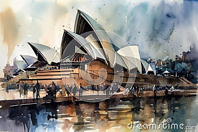 Painting from a watercolor drawing of Sydney Opera House. Editorial Stock Photo