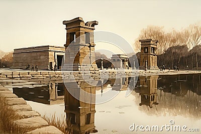 Painting of a watercolor drawing of the Temple of Debod in Madrid. Stock Photo