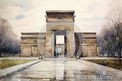 Painting of a watercolor drawing of the Temple of Debod in Madrid. Stock Photo