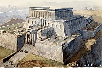 Painting from a watercolor drawing of the Temple of Edfu in Egypt. Stock Photo