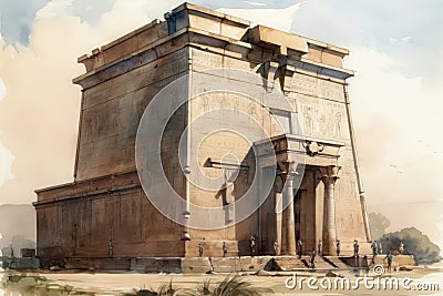 Painting from a watercolor drawing of the Temple of Edfu in Egypt. Stock Photo