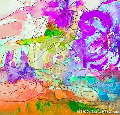 Painting in watercolor, impressionism style, textured painting, flower still life, painting painted with color, painting with Stock Photo