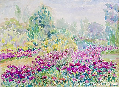 Painting watercolor landscape colorful of daisy flowers in garden Cartoon Illustration