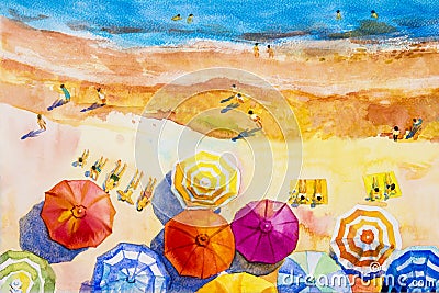 Painting watercolor seascape colorful of lovers, family vacation Cartoon Illustration