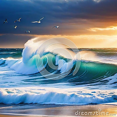 painting of waves crashing on beach with birds Cartoon Illustration