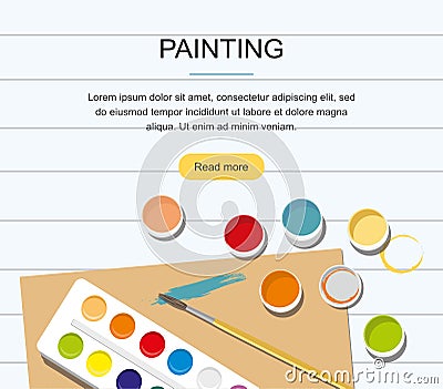 Painting web banner. Paints, brushes, pencil . Back to school. Vector Illustration