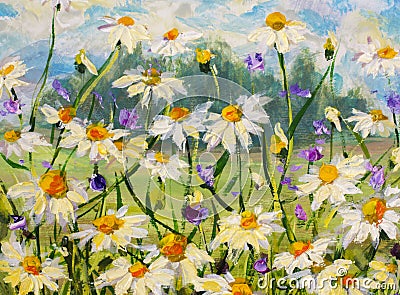 Painting of white daisies flowers, beautiful field flowers on canvas. Palette knife Impasto artwork. Stock Photo