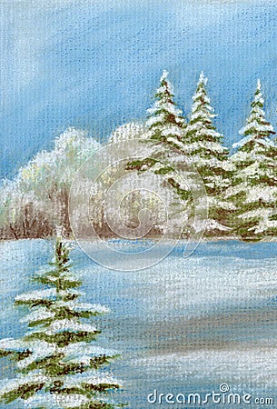Painting, winter forest Stock Photo