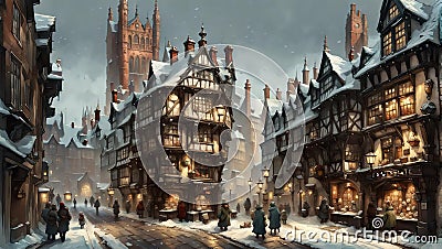 painting of a winter scene with traditional old-fashioned english town street with snow covered medieval buildings and people Stock Photo