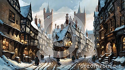 painting of a winter scene with a traditional old-fashioned town street with snow covered medieval buildings Stock Photo