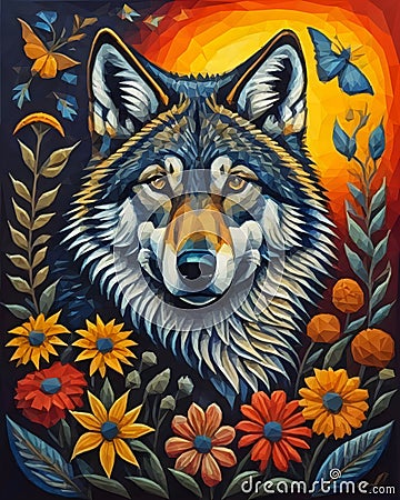 A painting of a wolf surrounded by flowers and butterflies, fantasy wolf. Stock Photo